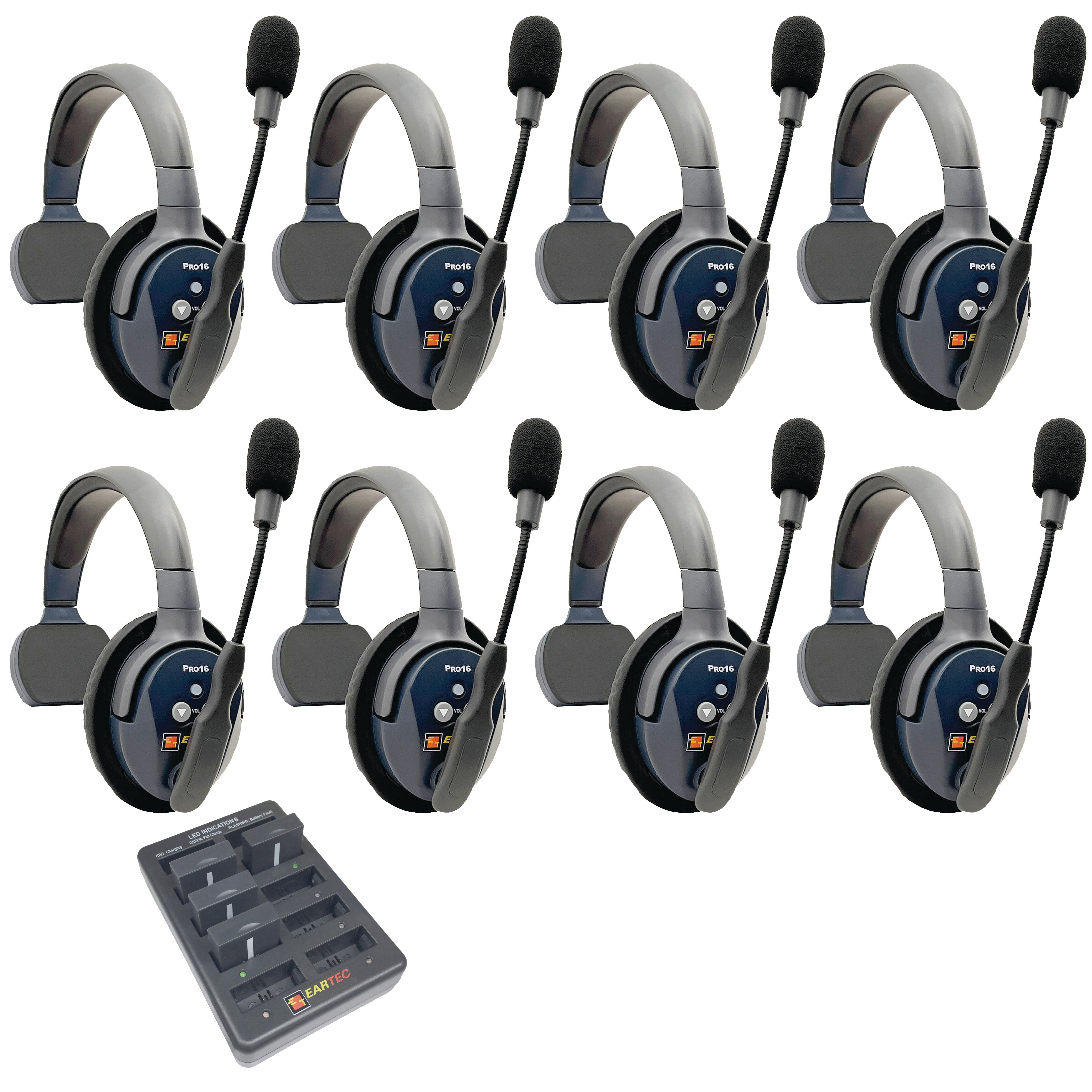 Eartec UltraLITE PRO16 Wireless Intercom System 8 Users ETP8S — eight sets of single sided wireless communication headsets with microphones on a white background